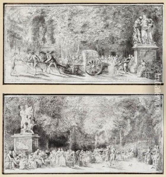 Spectacles De Tuileries: Les Chaises And Le Tonneau D'arrosage Oil Painting - Gabriel De Saint Aubin