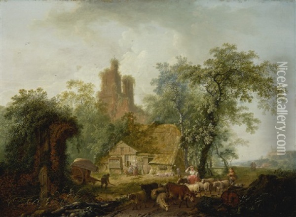 A Wooded Landscape With Ruins And A Shepherdess Leading Her Flock Oil Painting - Hendrick de Meyer the Younger