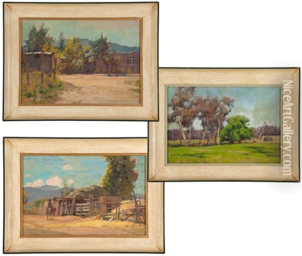 Country Landscape With Cows; Road Through An Adobe Landscape; Figure On A Mule In A Farm Landscape (3 Works) Oil Painting - Gordon Coutts