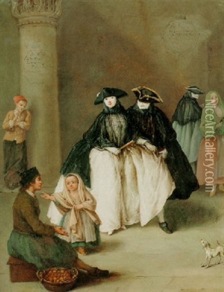 Two Elegant Figures In Mask With A Fruit Seller Oil Painting - Pietro Longhi