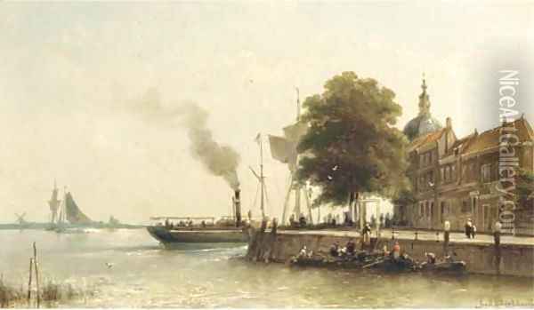 Aan de kade a steamship passing the Groot Hoofd, Dordrecht Oil Painting - Johannes Hermanus Koekkoek