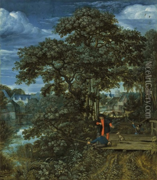 A Wooded, River Landscape With An Angler Oil Painting - Lucas Van Valkenborch
