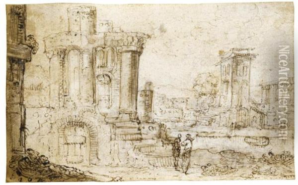 Italianate Landscape With Ruins Oil Painting - Jan Pynas