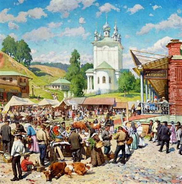 Market Day At Voskresenski Church In Plyos, Russia Oil Painting - Alexandr Vladimirovich Makovsky