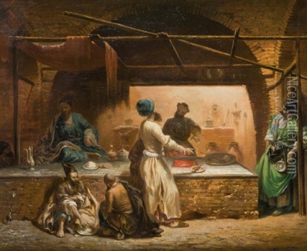 Interieur De Bazar A Teheran Oil Painting - Eugene Napoleon Flandin
