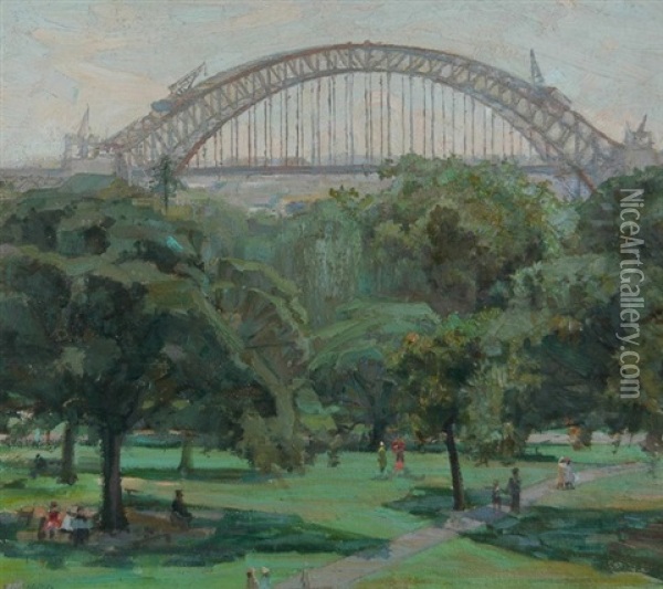 Sydney Harbor Bridge Under Construction From The Botanic Gardens Oil Painting - Eric Wilson