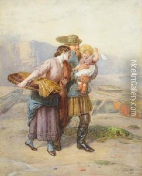 Fisherman, His Wife And Daughter On A Beach Oil Painting - John Dawson Watson