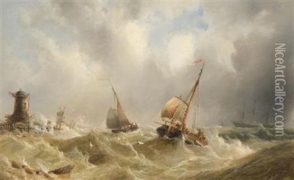 Vessels Offshore In A Swell Oil Painting - Henry Redmore