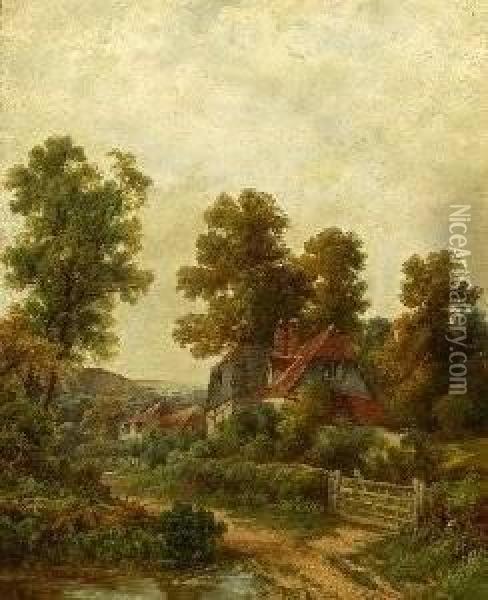 Octavius T. Clarke . Houses Along Country Lane Oil Painting - Octavius Thomas Clark