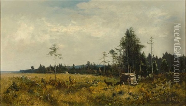 Grose Waldlichtung Mit Rehen Oil Painting - August Fink