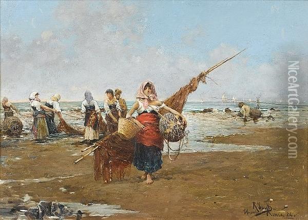 Fishergirls On The Beach Oil Painting - Rafael Senet y Perez
