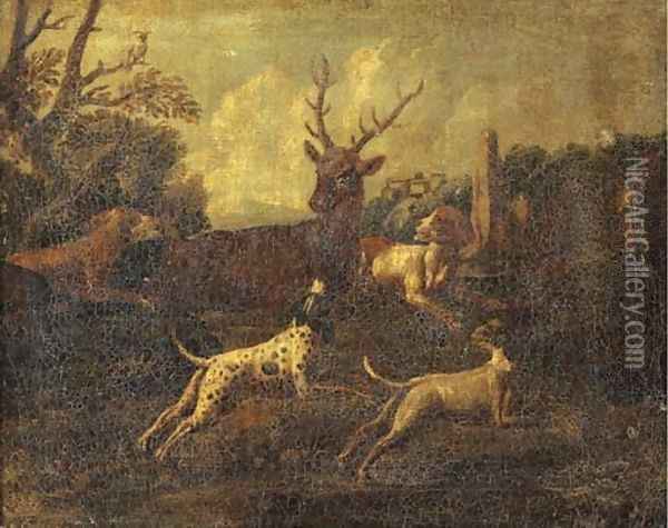 Dogs chasing a stag in a landscape, a town beyond Oil Painting - Ferdinand Phillip de Hamilton