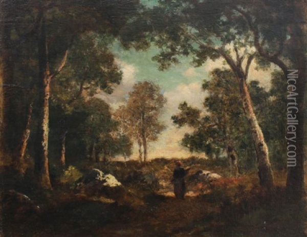 Fountainbleu Forest Scene With Stick Gatherer Oil Painting - Narcisse Virgile Diaz de la Pena