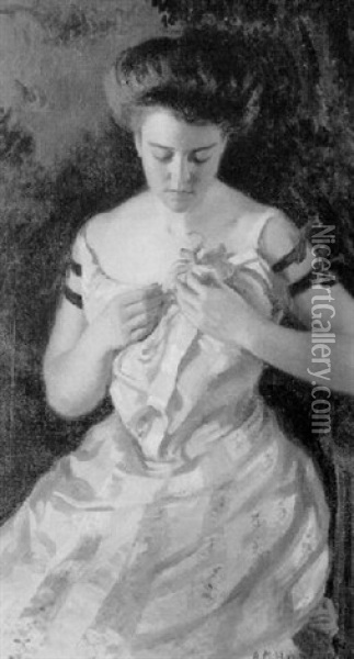 Portrait Of A Woman In A Pink Dress Oil Painting - Arthur Merton Hazard
