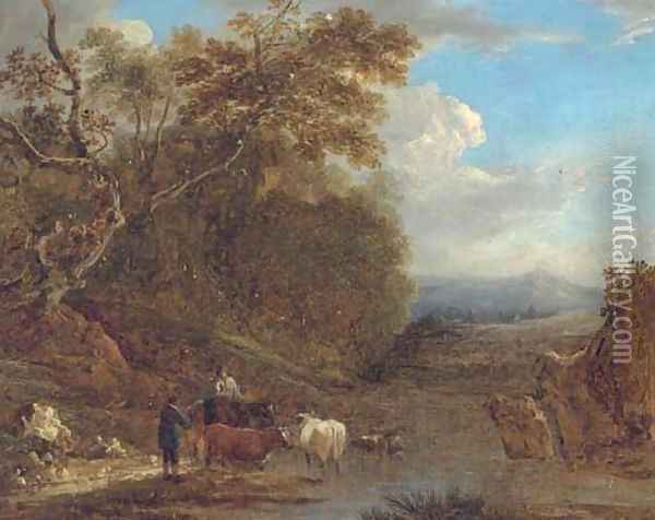 A drover with cattle watering Oil Painting - Benjamin Barker Of Bath