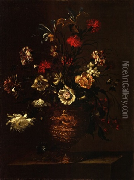 Blumenstrauss Mit Lilien In Relieferter Tonvase Oil Painting - Juan De Arellano