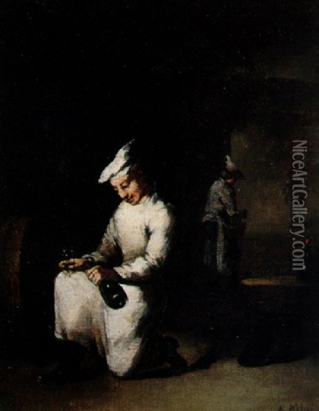 Drinking A Glass Of Wine In The Cellar Oil Painting - Theodule Ribot