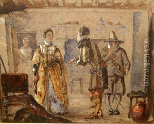 Interior Scene With Figures In Elizabethan Dress Oil Painting - George Cattermole