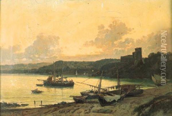Paesaggio Costiero Con Barche E Pescatori Oil Painting - Emilio Donnini