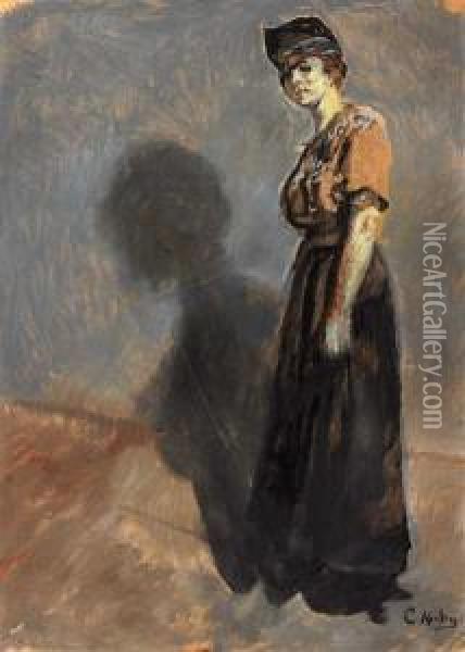 Kvinne Med Hatten Pa Snei Olje Pa Papplate Oil Painting - Christian Krohg