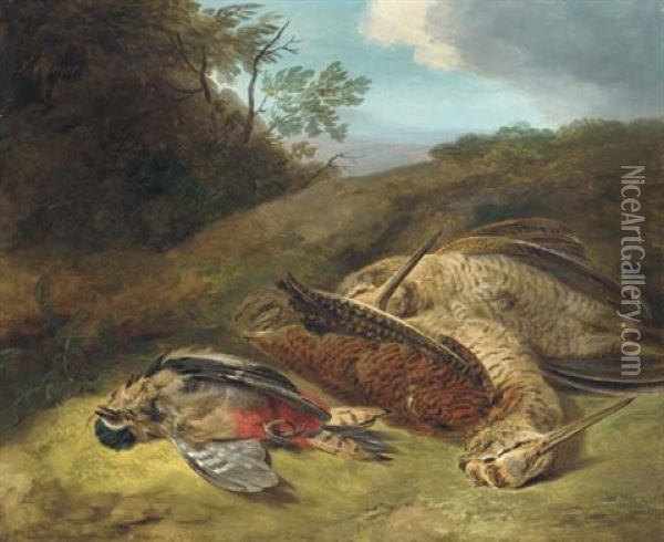 A Dead Woodcock And A Great Spotted Woodpecker In A Landscape Oil Painting - Stephen Elmer