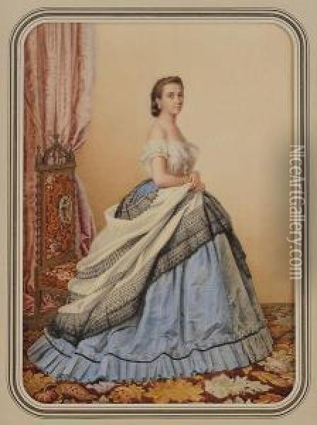 Portrait D'une Dame Portant Une Robe A Crinoline Dans Uninterieur Oil Painting - Adele Anais Colin Toudouze