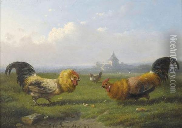 Der Hahnenkampf Oil Painting - Cornelis van Leemputten