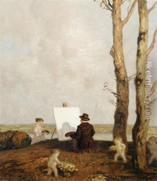 Selbstportrait Des Malers An Der Staffelei Vor Weitem Landschaftshintergrund Oil Painting - Adolf Hengeler