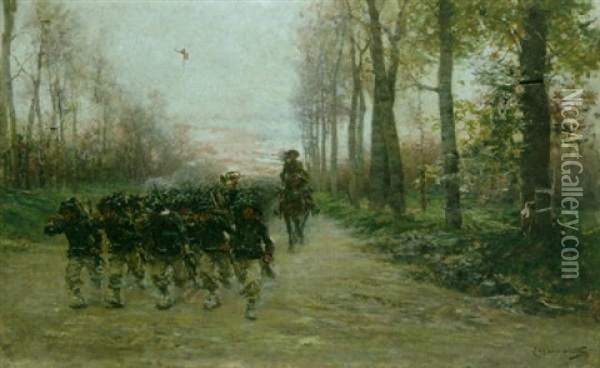 An Infantry Troop Marching Into Battle On A Country Road At Dawn Oil Painting - Ludovico Marchetti