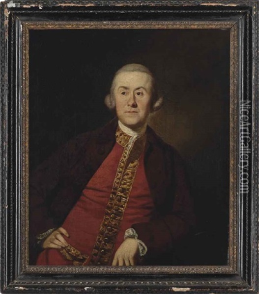 Portrait Of A Gentleman, Possibly A Member Of The Lister Kaye Family Of Denby Grange, Wakefield, Half-length, In A Burgundy Jacket And A Red Waistcoat Oil Painting - Benjamin Wilson