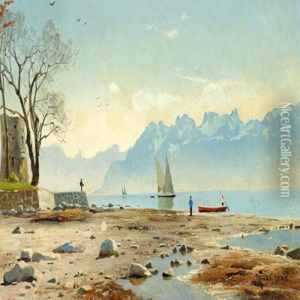 Springtime At Lac Leman In Switzerland Oil Painting - Peder Mork Monsted
