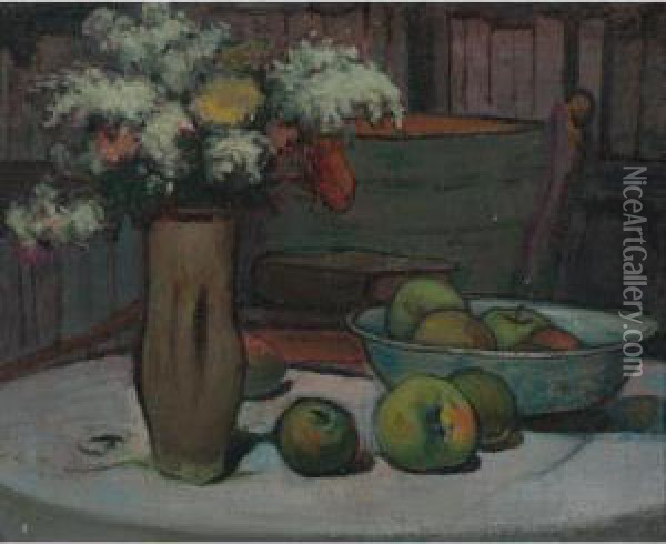 Fleurs Et Pommes Sur La Table Ronde Oil Painting - Wladyslaw Slewinski