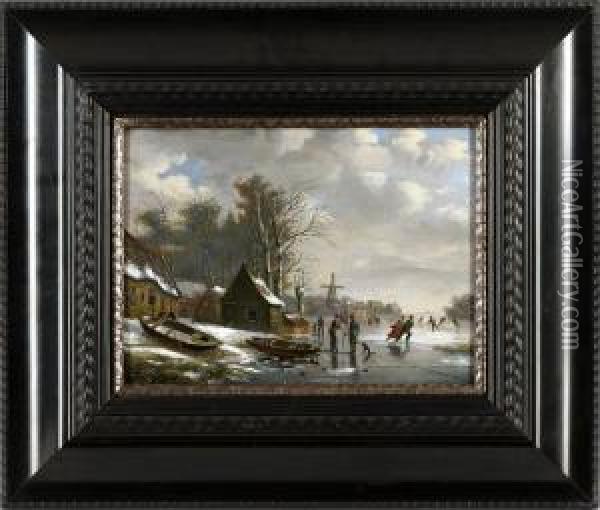 Eisvergnugen Auf Einem Zugefrorenen Flus Oil Painting - Jacobus Van Der Stok