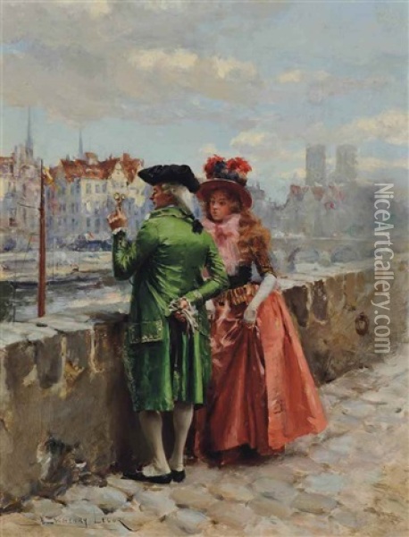 A Stroll By The Seine, Paris Oil Painting - Henri Victor Lesur