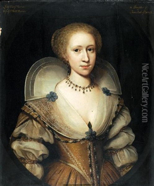 Portrait Of A Lady (margaret Mennes?) Oil Painting - Cornelis Jonson Van Ceulen