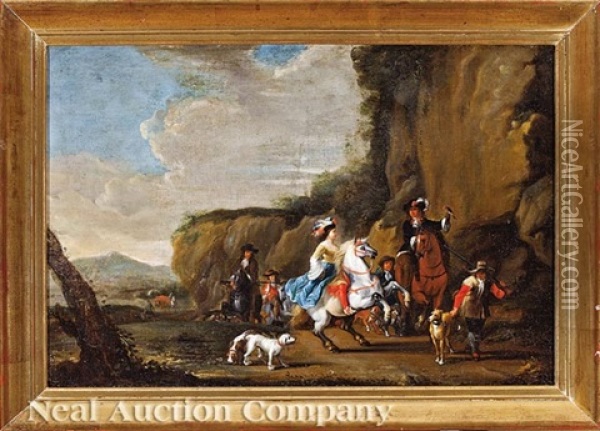 An Elegant Hunting Party In A Landscape Oil Painting - Simon Johannes van Douw