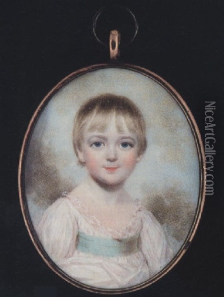 Portrait Of A Young Boy Wearing Low-cut White Dress With Lace Trim And Pale Turquoise-blue Waistband Oil Painting - Edward Burch