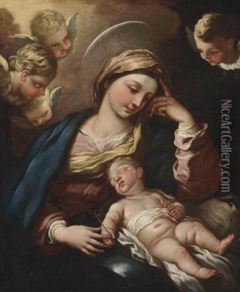 The Madonna And Child Surrounded By Cherubs Oil Painting - Luca Giordano
