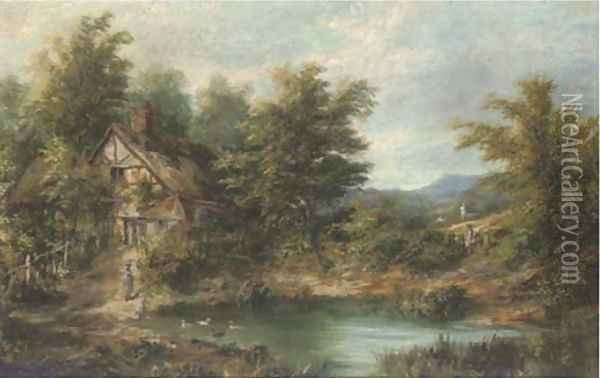 Figures by a pond, with a cottage beyond Oil Painting - Joseph Thors