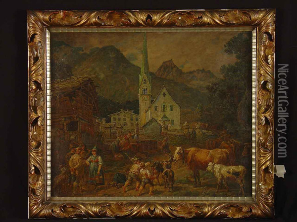 Altbayrische Dorfszene Oil Painting - Johann Baptist Heinefetter