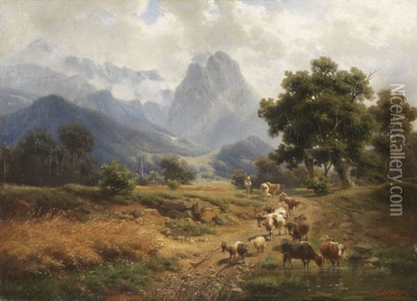 Hirtenjunge Mit Vieh Bei Partenkirchen Mit Blick Auf Das Wettersteingebirge Oil Painting - Heinrich Hofer