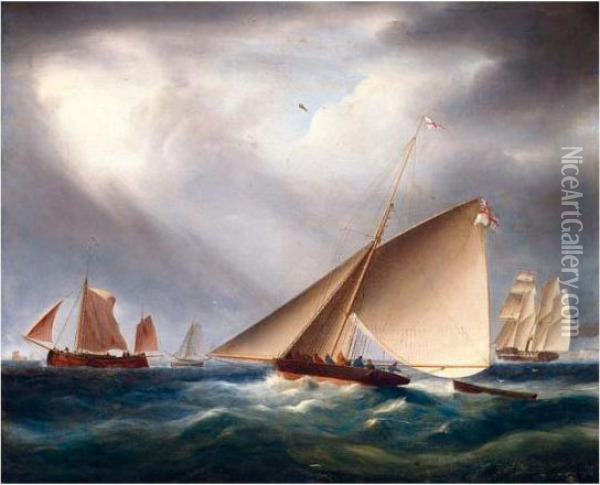 A Cutter, A Barge An A Paddle-steamer, Off The Coast Oil Painting - James E. Buttersworth