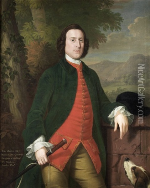 Portrait Of John Clayton, Three-quarter-length, In A Blue Coat And Red Waistcoat, Standing Beside A Fox Hound In A Landscape Oil Painting - Edward Haytley