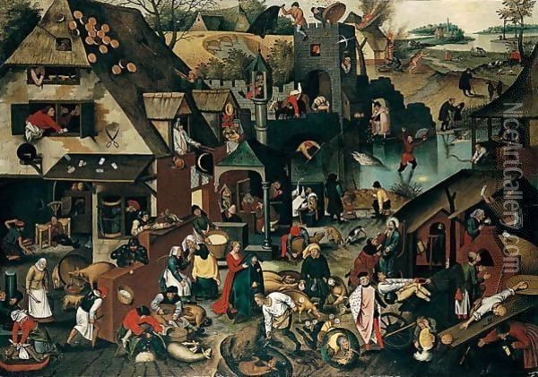 Flemish Proverbs (De Blauwe Huyck) Oil Painting - Pieter The Younger Brueghel