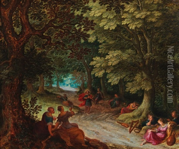 Apollo And The Muses Of Music In A Wooded Landscape Oil Painting - Abraham Govaerts