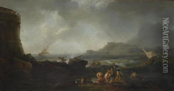A Shipwreck In Stormy Seas Oil Painting - Adriaen Manglard