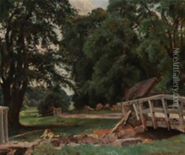 A Dog Resting By A Small Stream Oil Painting - Viggo Pedersen