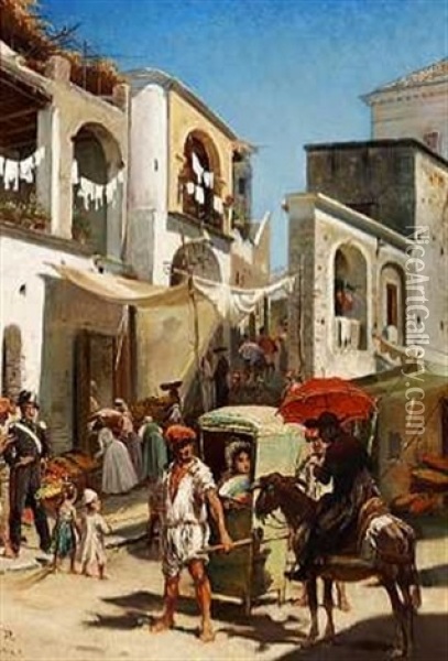 Italiensk Gadescene Fra Ischia Oil Painting - Vilhelm Rosenstand