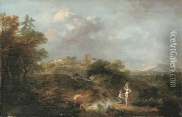 An Italianate River Landscape With A Herdsman And Women Fetching Water Oil Painting - Francesco Zuccarelli
