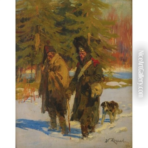 The French Old Guard Retreating From Russia Oil Painting - Woiciech (Aldabert) Ritter von Kossak